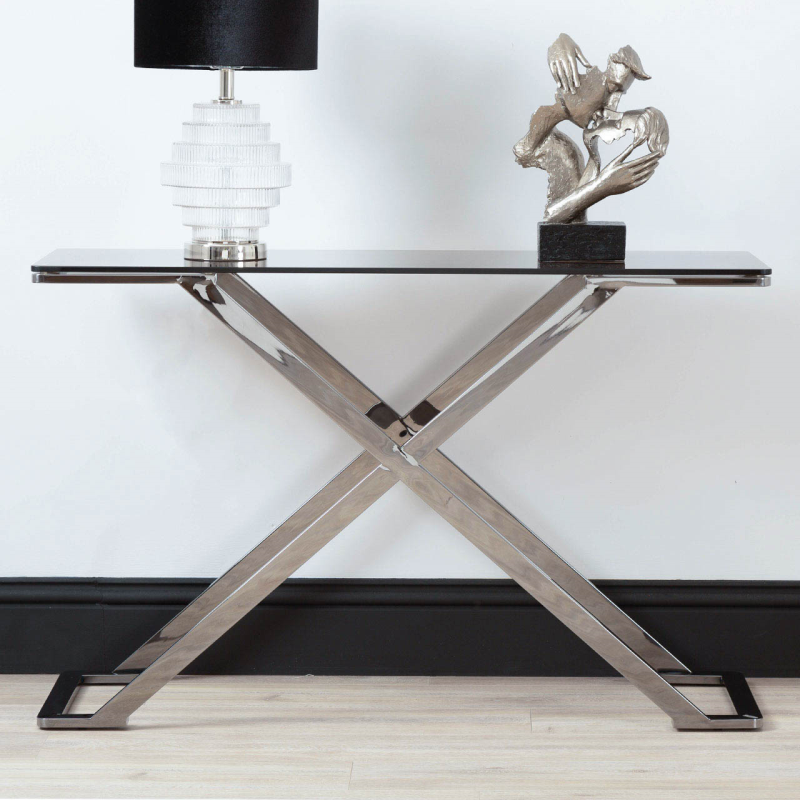 Axel Grey Gunmetal Console Table with Smoke Glass Top