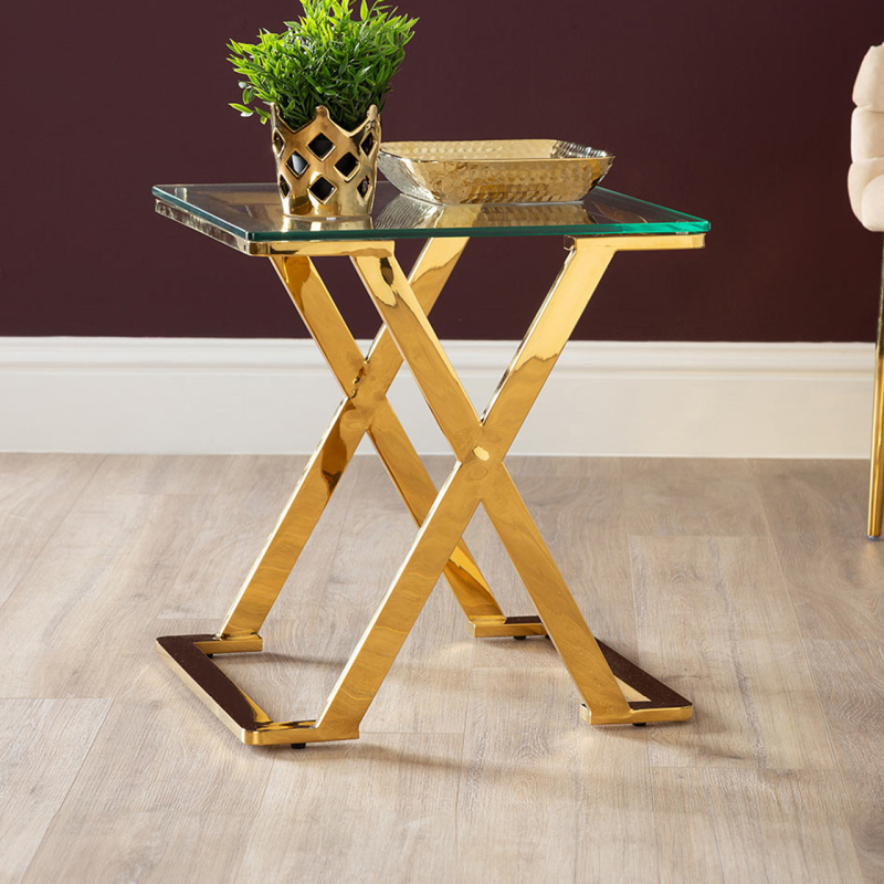 Axel Gold Metal End Table with Clear Glass Top