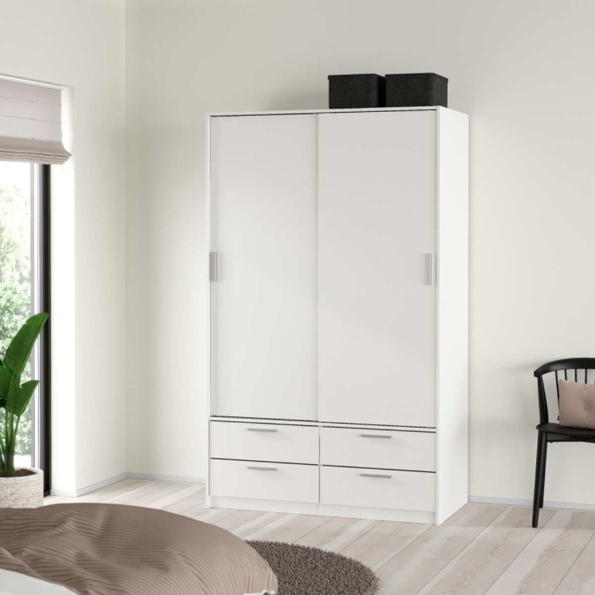 Line Wardrobe with 2 Sliding Doors and 4 Drawers in White - Image 8