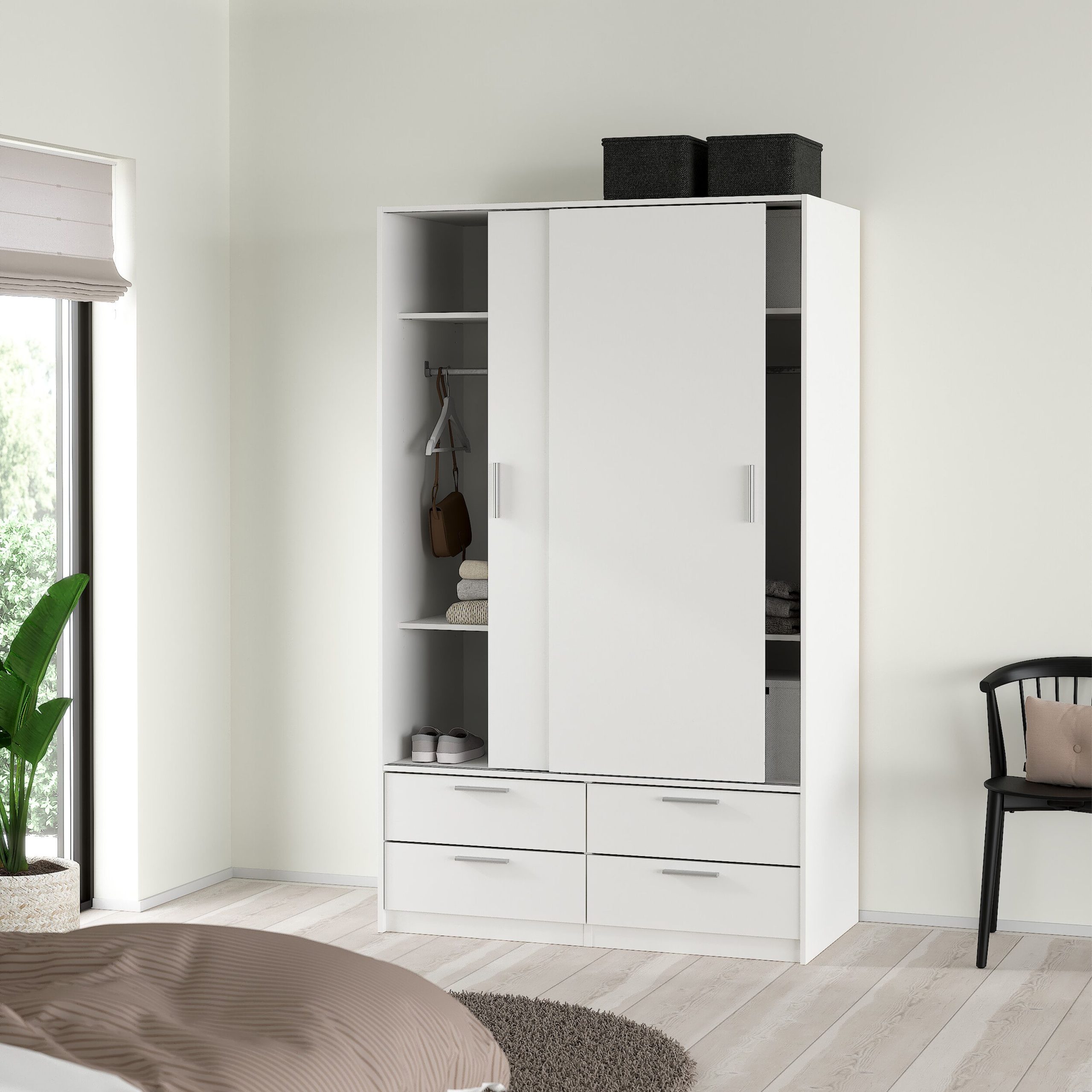 Line Wardrobe with 2 Sliding Doors and 4 Drawers in White - Image 9