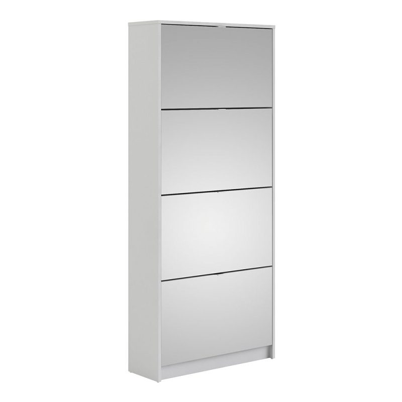 Shoes Cabinet with 4 Mirrored Flip Doors and 2 Layers in White