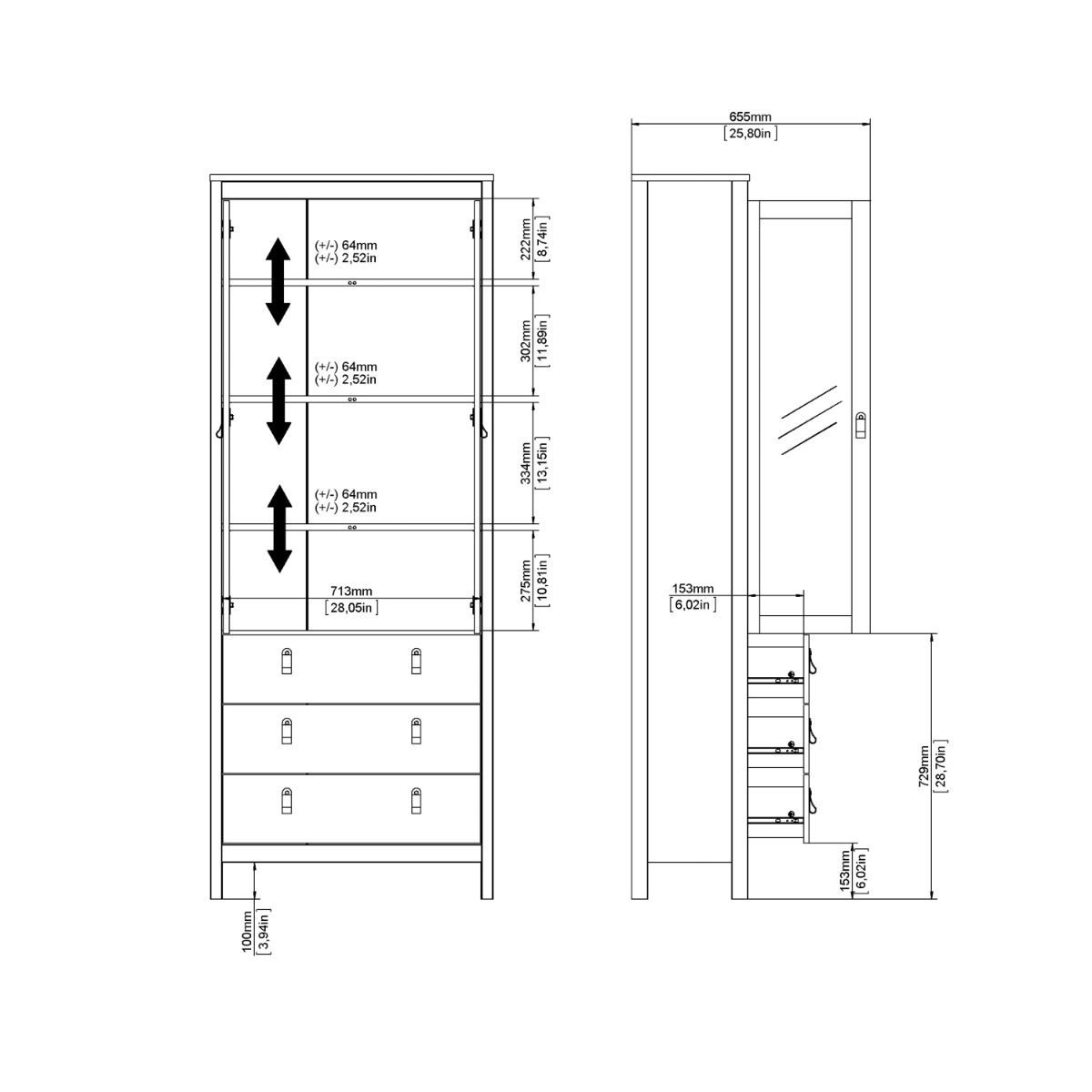 Barcelona China Cabinet 2 Glass Doors with 3 Drawers in White - Image 12