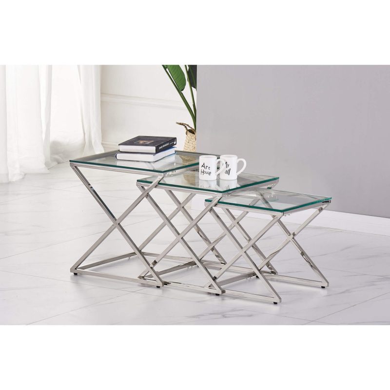 Osaka Nest of Tables Clear Glass & Silver Frame
